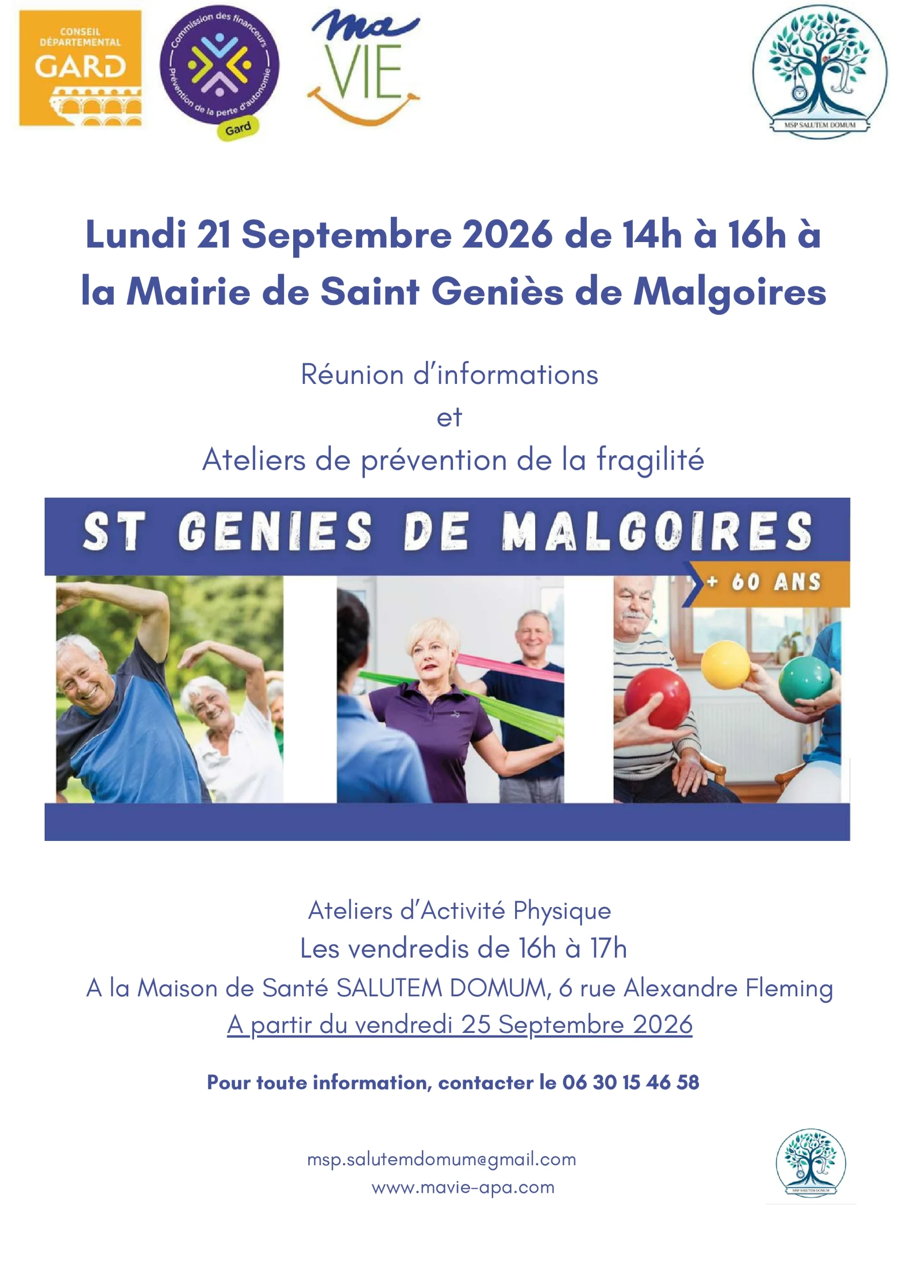 Réunion d'information sur les ateliers physiques adaptés le lundi 21 septembre 2026 de 14h à 16h